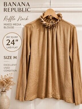 Banana Republic Ruffle Neck Mixed Media Blouse Top Tan Camel M